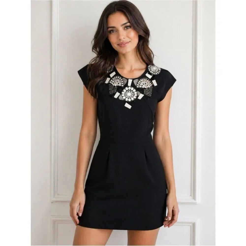 bebe Black Mini Sheath Dress Cap Sleeves Embellished Beaded Yoke Cocktail XXS